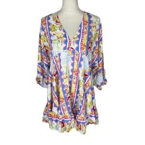 Label of Love Multicolor Patterned Wavey Stripe Mini Dress Boho Size Large NEW